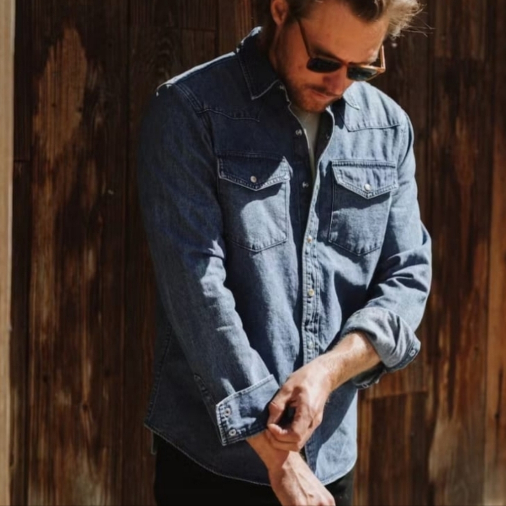 Flint & Tinder Bone Button Western Shirt Wash Denim